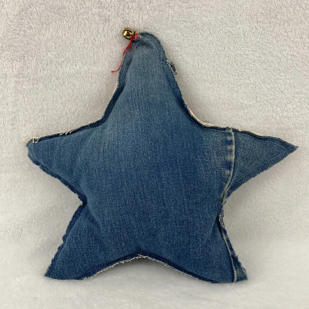 Handcrafted VTG Folkart Rustic Denim Santa Star Pillow Decor 12”